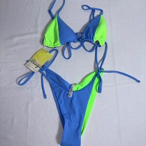 Maaji string tie up Bikini Set Medium Blue Neon Green NEW Ribbed Colorblock